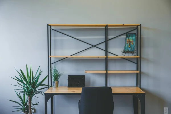 Interior shot of a wooden brown desk with empty shelves and a chair with a plant on the side — Stock Photo, Image