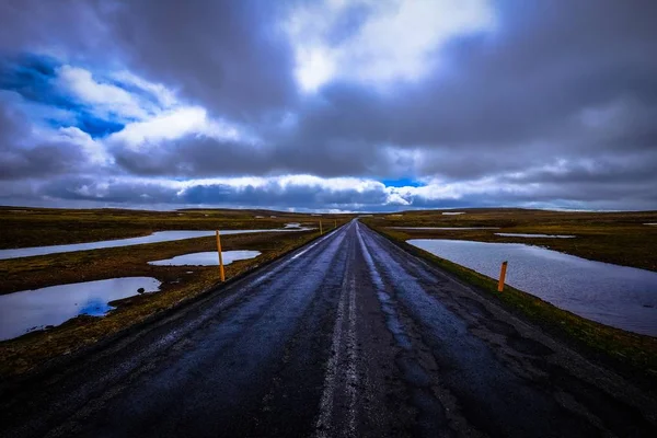 Снимок дороги посреди поля с маленькими прудами под облачным небом — стоковое фото