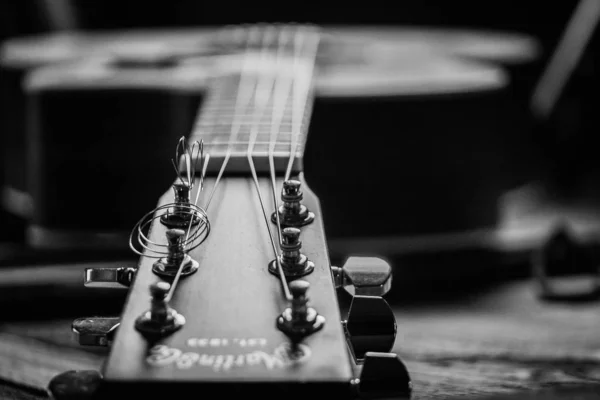 Крупним планом селективний фокус сірий знімок голови акустичної гітари — стокове фото