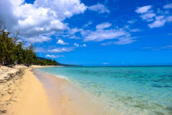 Playa de aguas claras cerca de la orilla con árboles y nubes en un cielo azul en el fondo —  Fotos de Stock