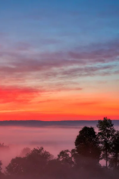 Lindo tiro do pôr do sol incrível com o céu vermelho sobre uma floresta enevoada no campo — Fotografia de Stock