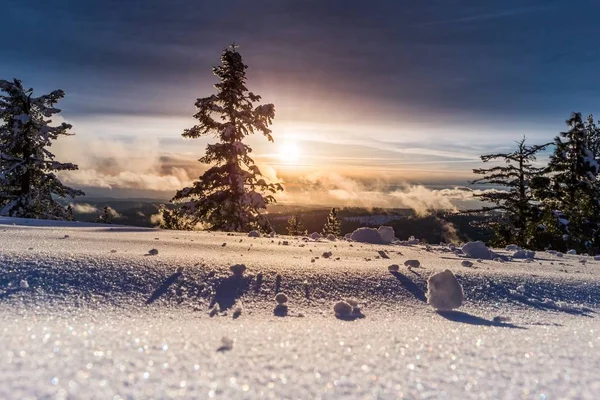 Beautiful sunset and a snowy field — ストック写真