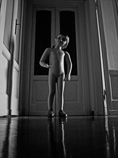 Вертикальний постріл манекена, що стоїть біля дверей у чорно-білому — стокове фото