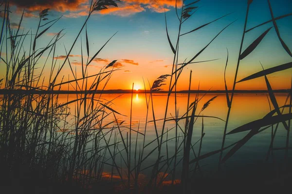 Gyönyörű festői kilátás nyílik a vörös naplementére egy tóra — Stock Fotó
