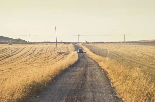 Schuss eines Autos auf einer Straße zwischen Weizenfeldern — Stockfoto