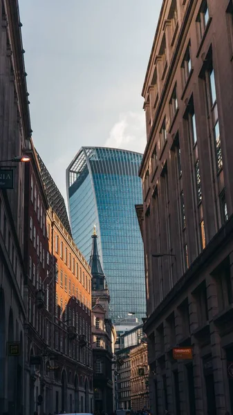 Pionowe ujęcie wieży Walkie Talkie Tower wśród budynków w Londynie, Anglia — Zdjęcie stockowe