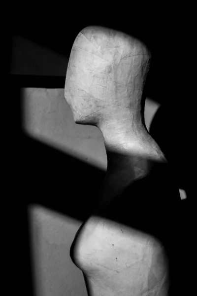 Вертикальний сірий знімок манекена кравця у світлі та тіні — стокове фото