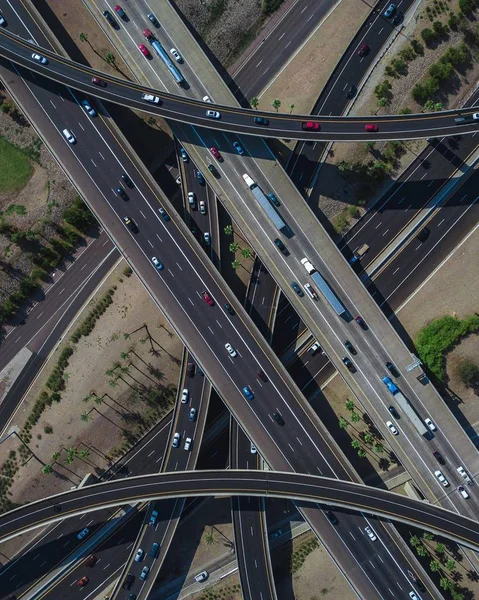 Overhead Drone Shot Busy Highway Intersection Full Traffic Daytime — Stock Photo, Image
