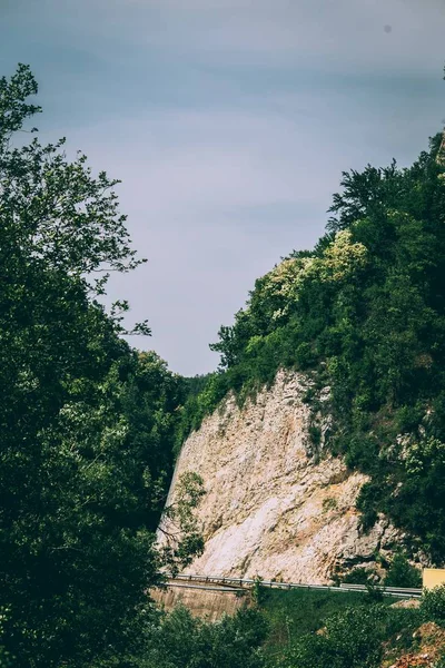 Belo tiro da estrada no meio de árvores e um penhasco sob um céu nublado — Fotografia de Stock