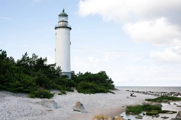 Faro blanco rodeado de árboles cerca de la orilla de la playa con un cielo nublado al fondo — Foto de Stock