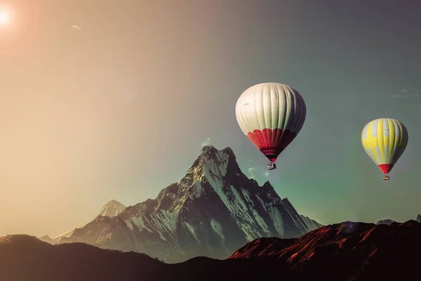 Beautiful Shot Hot Air Balloons Hills Snowy Mountain Clear Sky — Stock Photo, Image