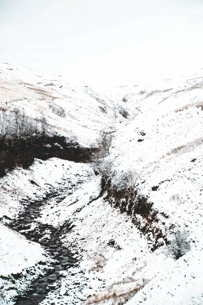 Bela paisagem de colinas brancas e florestas no campo durante o inverno — Fotografia de Stock