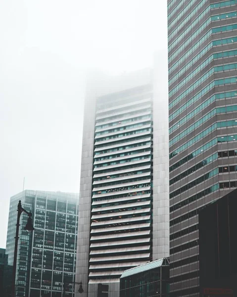 Verticale lage hoek schot van hoge zakelijke wolkenkrabbers met toppen bedekt met mist — Stockfoto