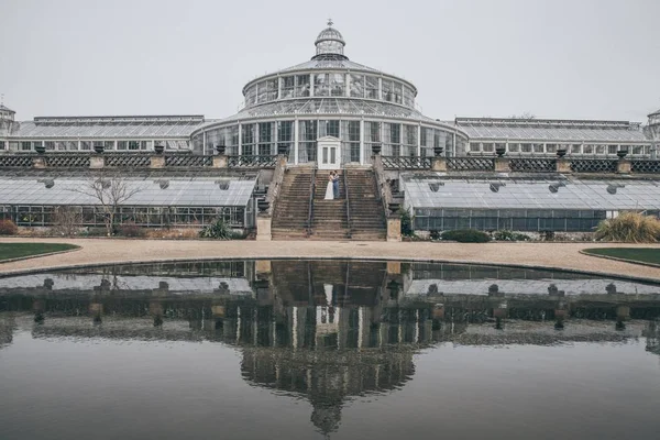 a wedding couple kissing on the stairs of the Copenhagen University in the Botanical Garden