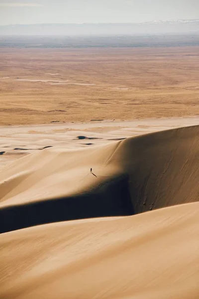 Tiro vertical de dunas de areia e um campo seco na distância — Fotografia de Stock