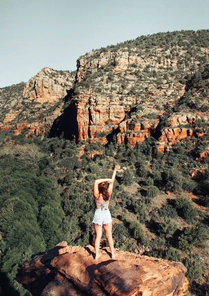 白天，站在岩石边上欣赏树木和山的女性 — 图库照片