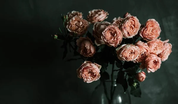 Belo tiro de close-up seletivo de rosas de jardim rosa em um vaso de vidro — Fotografia de Stock