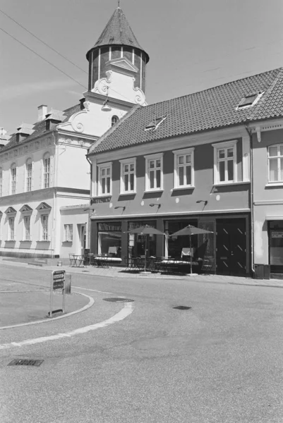 Verticaal schot van een lege straat in de buurt van gebouwen in zwart-wit — Stockfoto