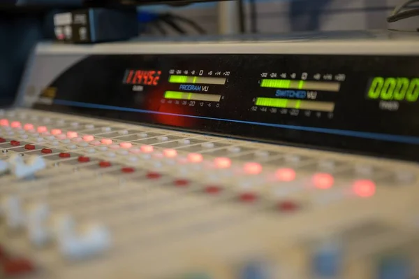 Closeup shot of professional radio station equipment or control panel — Stock Photo, Image