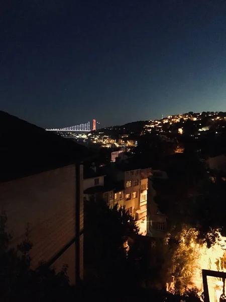 Vertical shot of buildings surrounded with trees in a city during nighttime — Stock Photo, Image