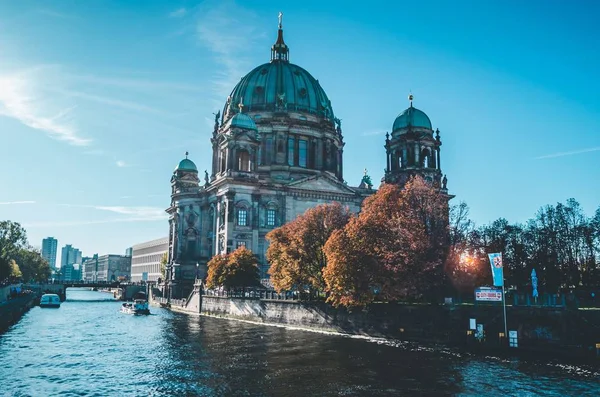 Wide shot of trees with orange leaves near Berlin Cathedral by the water under a blue sky — ストック写真