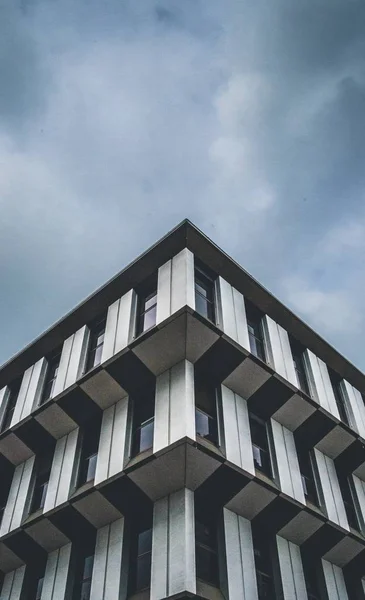 Függőleges alacsony szögű felvétel egy fekete-fehér építészeti épületről — Stock Fotó