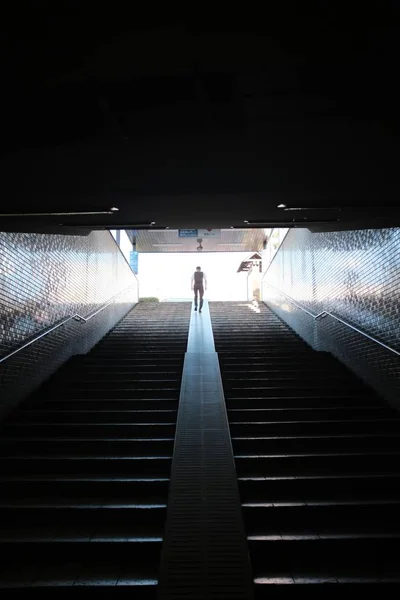 Scatto verticale di una persona che sale le scale con un corrimano su un muro di mattoni — Foto Stock