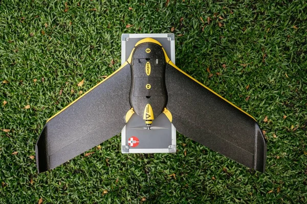 A closeup shot of a high-tech flying drone device