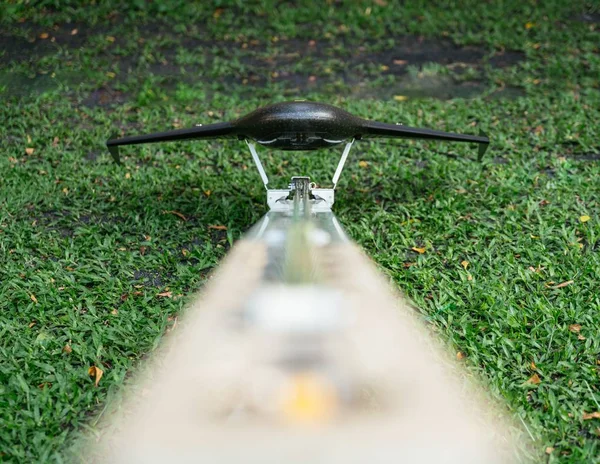 A closeup shot of a high-tech flying drone device