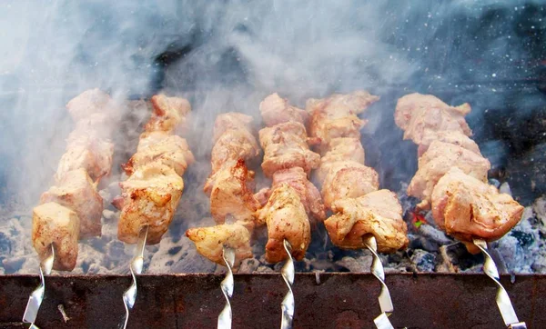 Vízszintes lövés ízletes barbecue borított füst a Barbecue grill teljes szén — Stock Fotó