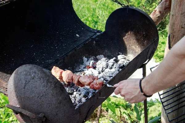 Güneşli bir günde parkta barbekü ızgarasında şiş tutan erkek — Stok fotoğraf