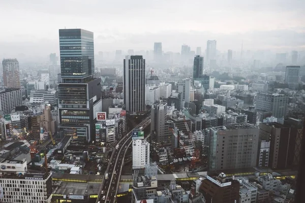 High angle shot of an urban landscape with skyscrapers, beautiful buildings, and highways — ストック写真