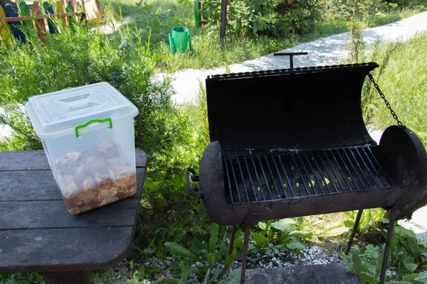 Churrasco grelhador e um balde com carne temperada na mesa com grama verde no fundo — Fotografia de Stock
