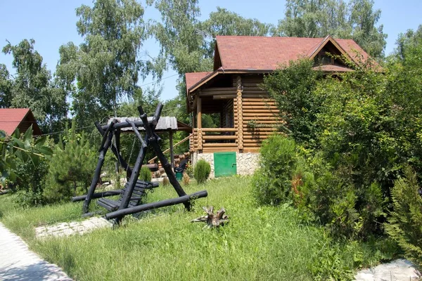 Een Horizontale Opname Van Een Hut Met Een Schommel Bomen — Stockfoto