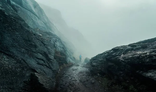 Amplio Plano Estrecho Sendero Fangoso Medio Acantilados Cubiertos Niebla — Foto de Stock