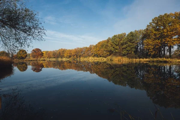 Piękny Malowniczy Strzał Jeziora Odbiciem Okolicznych Drzew Pod Pięknym Nieba — Zdjęcie stockowe
