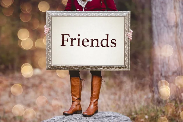 Selective Shot Person Holding Picture Frame Word Friends Written Text — Stock Photo, Image