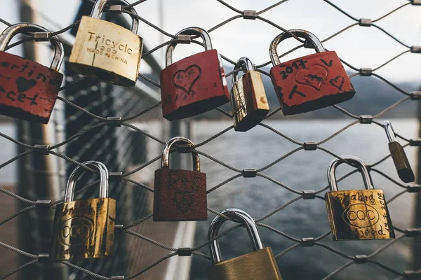 Beau Cliché Cadenas Couleurs Assorties Sur Une Clôture Pendant Journée — Photo