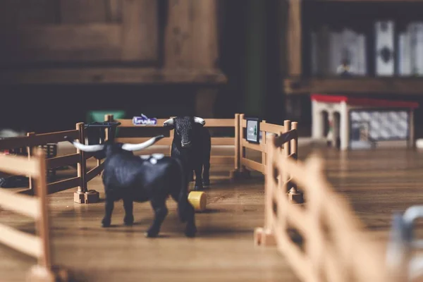 Close shot van dieren speelgoed op een houten oppervlak met een onscherpe achtergrond — Stockfoto