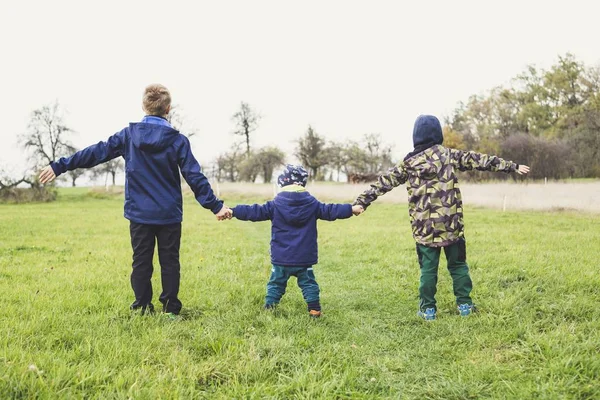 Tiro Largo Três Crianças Usando Roupas Quentes Mãos Dadas Campo — Fotografia de Stock