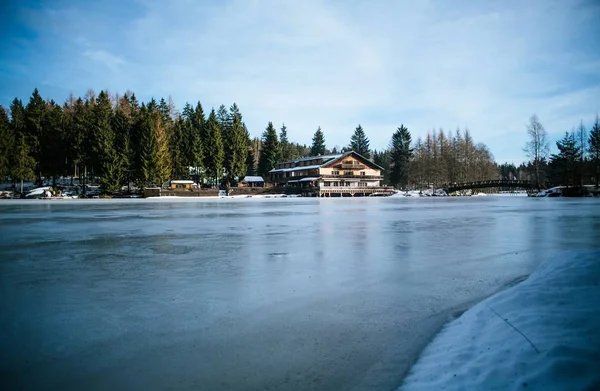 Vacker Horisontell Bild Ett Hus Nära Kroppen Vatten Omgiven Gröna — Stockfoto