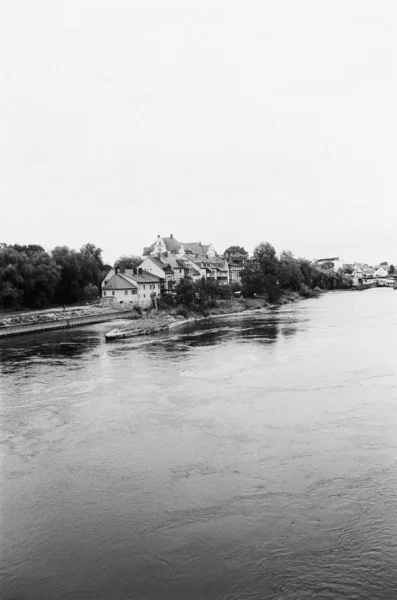 Plan Vertical Échelle Grise Rivière Entouré Maisons Beaux Arbres — Photo