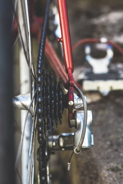 Cierre vertical de un engranaje de bicicleta con un fondo borroso —  Fotos de Stock