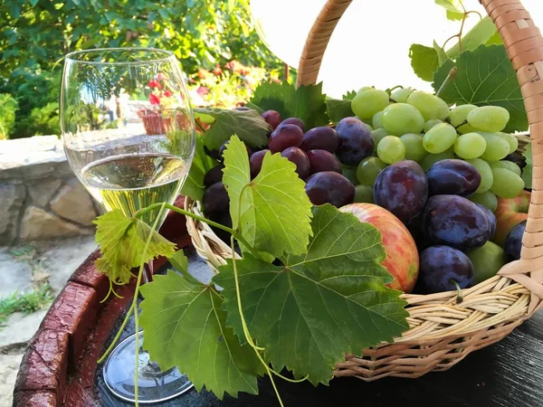 Zbliżenie do słomkowego koszyka pełnego białych winogron i śliwek w słoneczny dzień — Zdjęcie stockowe