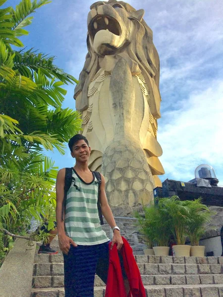 Plan vertical d'un mâle debout près de la fontaine Merlion avec une tête de lion à Singapour — Photo