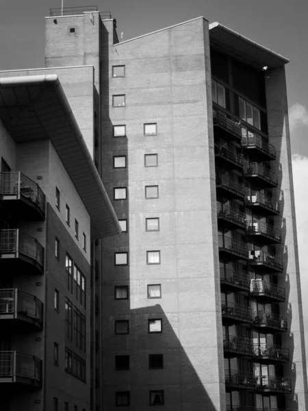 Vertikale Graustufenaufnahme von Mehrfamilienhäusern — Stockfoto