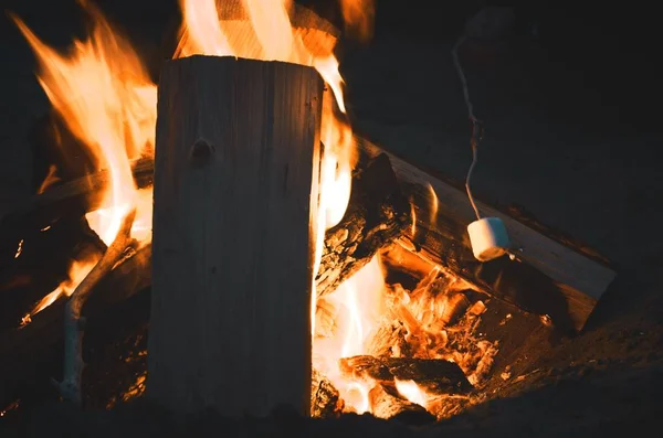 ภาพใกล้ชิดของไม้เผาไหม้ในไฟแคมป์ชายหาดกับคนที่อบมาร์ชเมลโลว์บนไม้ — ภาพถ่ายสต็อก
