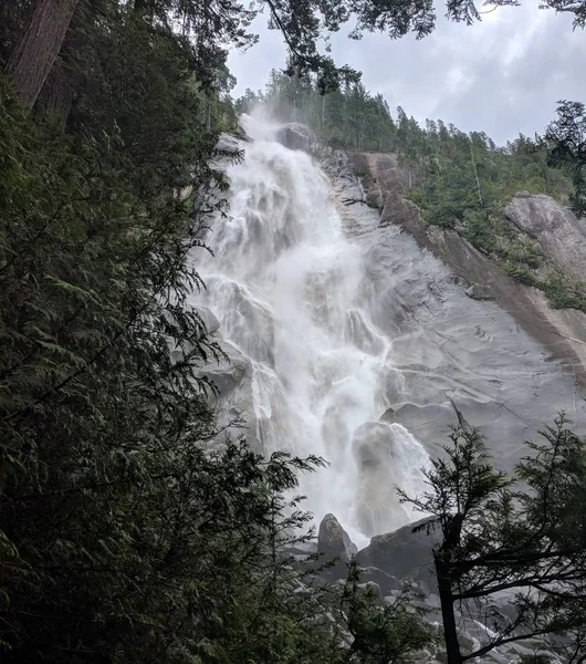 Вертикальный кадр водопада, стекающего по скале в окружении деревьев — стоковое фото