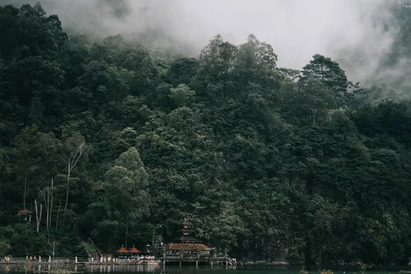 Beau paysage de forêt tropicale couvert de brouillard près du beau lac avec des bâtiments — Photo