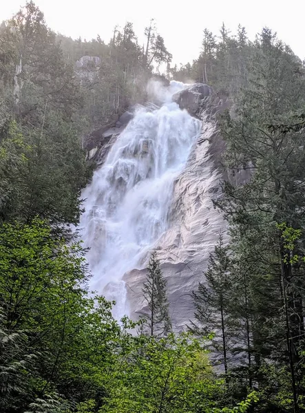Tiro Vertical Uma Cachoeira Que Flui Uma Montanha Com Árvores — Fotografia de Stock